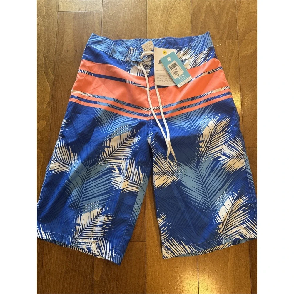 Snapper Rock Boys Board Shorts Size 14 Blue Palm Print Neon‎ Swim Trunks NWT